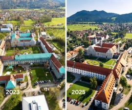 Zweiter Unwetterjahrestag Kloster Benediktbeuern 2025, Vergleichende Klosteransicht 2023 und 2025