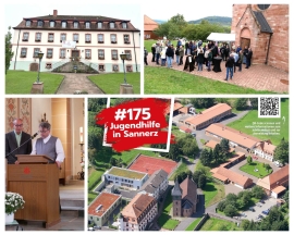 Auf der Collage sind vier Fotos zusehen. Von einem Gebäude, Menschen auf dem Vorplatz der Kirche, zwei Männer an einem Rednerpult und ein Gelände von oben.