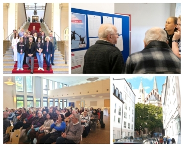 Vier Bilder zeigen eine Gruppe auf einer Treppe, drei Menschen vor einer Pinnwand, einen Vortragssaal mit Menschen sowie eine Kirche von außen.
